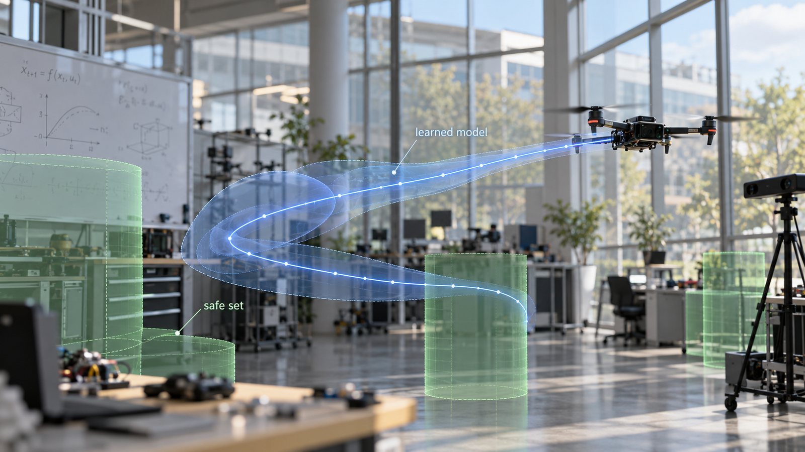 Illustration of a drone flying a learned trajectory inside a safe set in a robotics lab