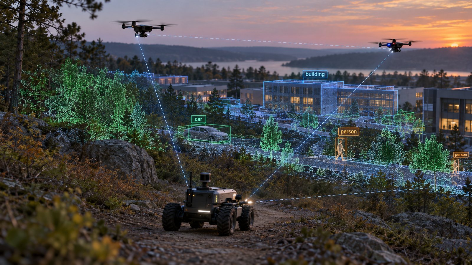 Illustration of a ground robot and two drones building a shared semantic map at dusk