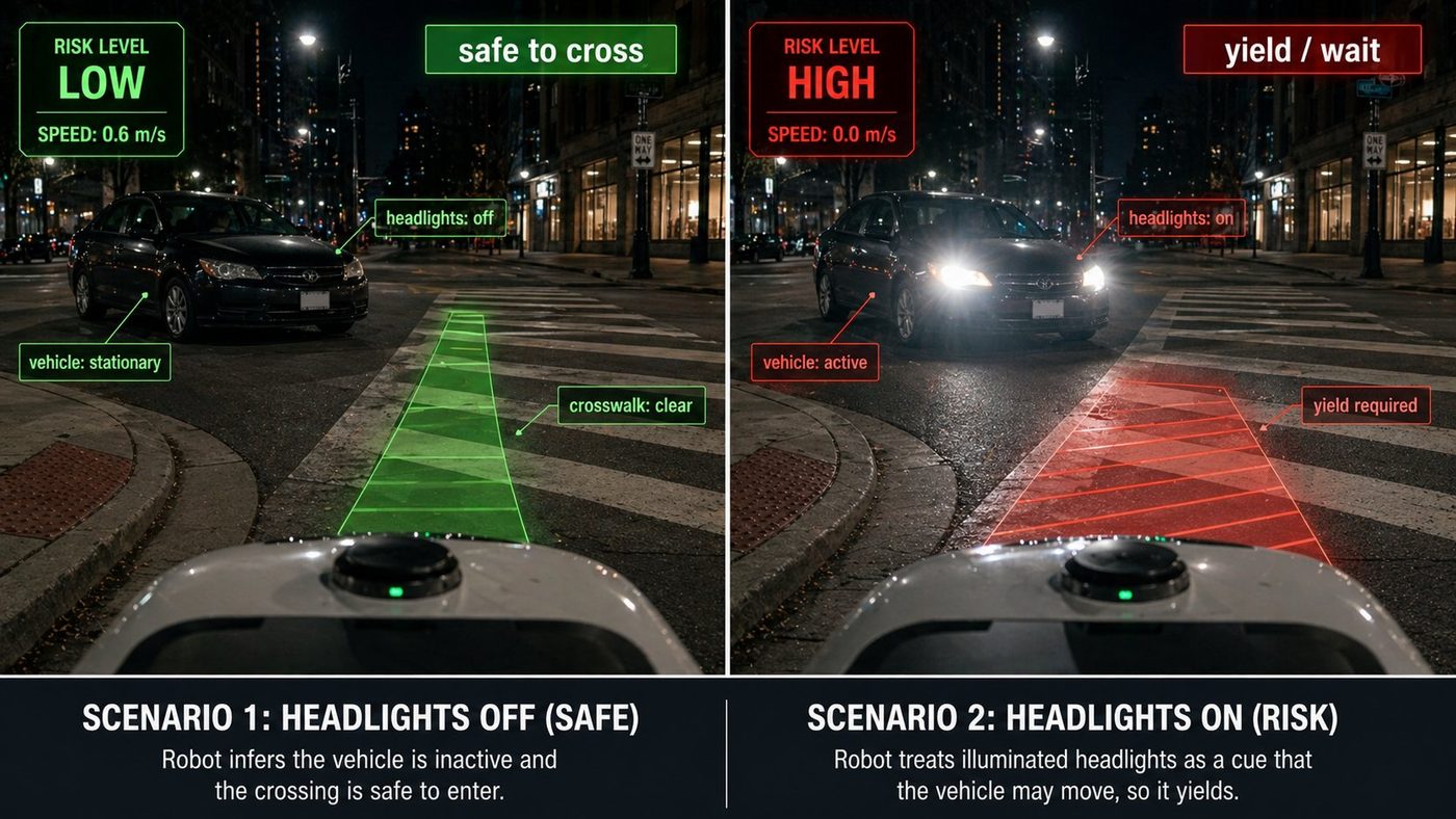 A delivery robot at a night crosswalk that crosses when a parked car’s headlights are off and yields when they are on