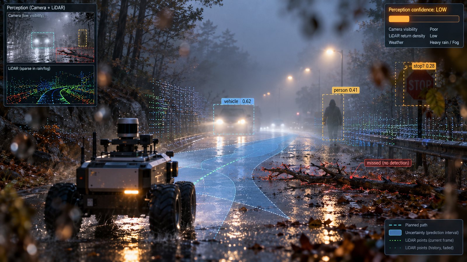 Illustration of a robot on a foggy, rainy road whose perception shows low-confidence detections and a missed obstacle